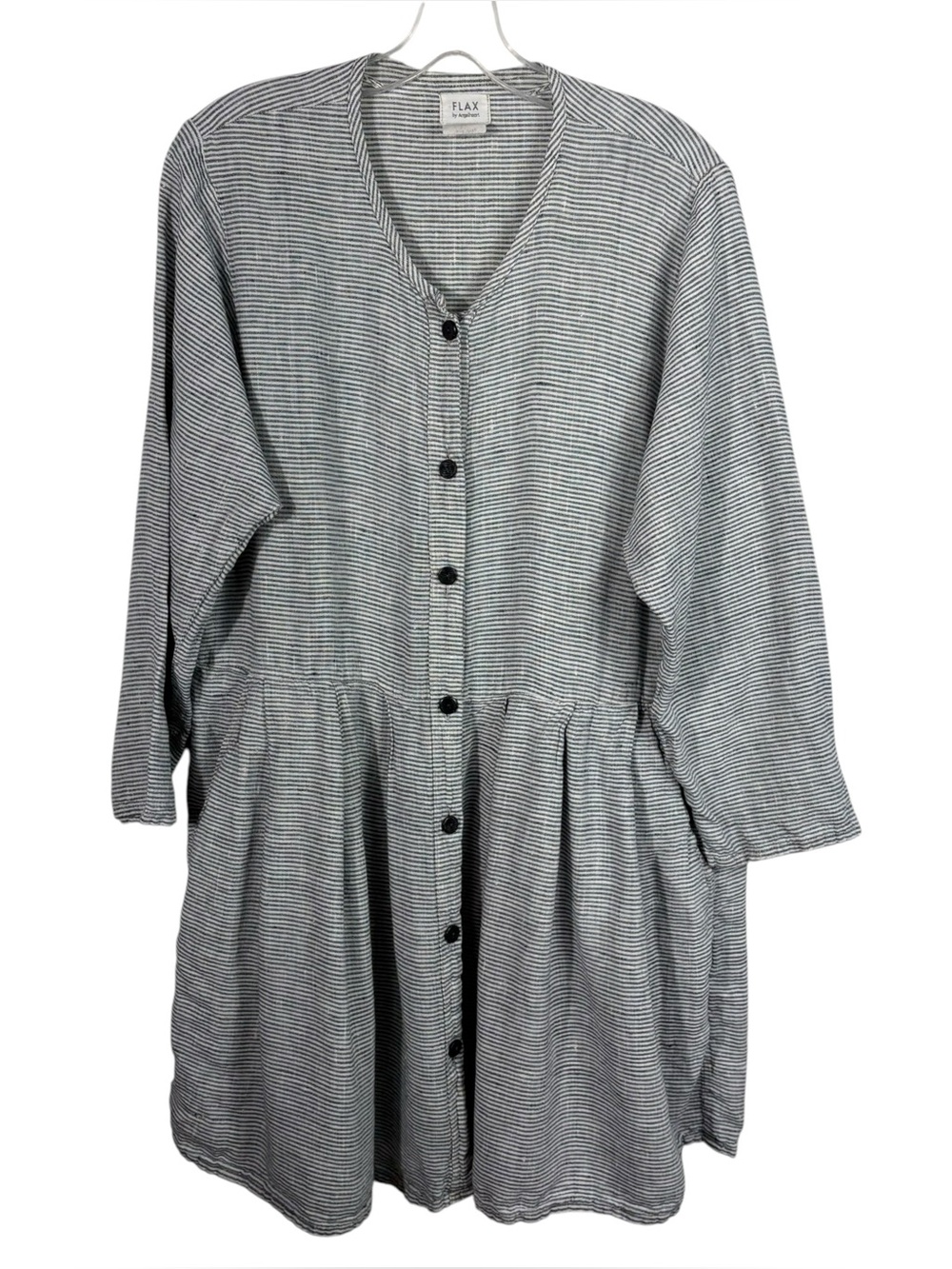 Flax 100% Linen Gray White Striped Button Down Peasant Fit Long Sleeve Dress S